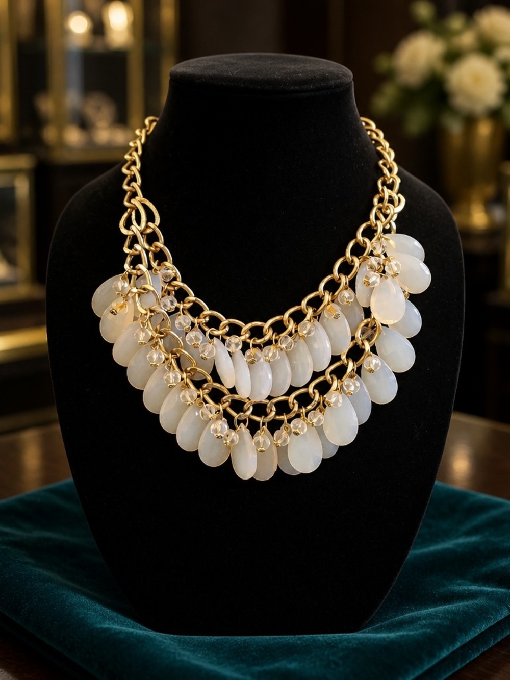 Gold-Tone Layered Necklace with White Opalescent Drops